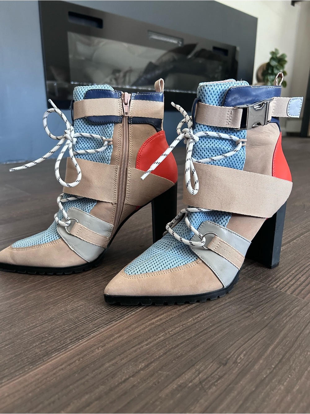 Steve Madden Beige, Light Blue and Red High Heel Ankle Boots